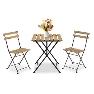Space-Saving 3-Piece Folding Patio Bistro Set – Outdoor Metal Table and Chairs for 2 – Weather-Resistant, Ideal for Balcony, Garden or Porch – Natural Wood Finish