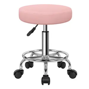 KKTONER PU Leather Round Rolling Stool with Foot Rest Swivel Height Adjustment Spa Drafting Salon Tattoo Work Office Massage Stools Task Chair (Pink)
