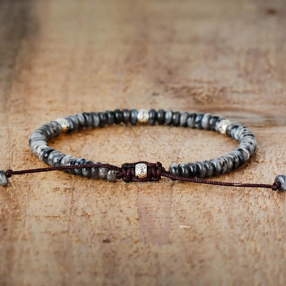 Handmade Larvikite Energy Bracelet for Men, Natural Viking Gemstone for Grounding and Protection, Adjustable and Unisex for Daily Wear, Father's Day Gift