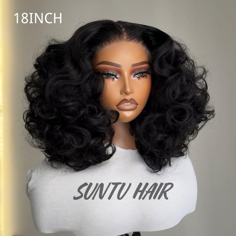 Suntuhair 250% Density Wig Blow Out Luxurious Bomb 12A Brazilian Human Hair Funmi Bouncy Curly Glueless Wigs Pre Plucked Hairline Pre Cut Lace 5x5 Lace Middle Part Closure Wigs Super Double Drawn Wig 90s Style