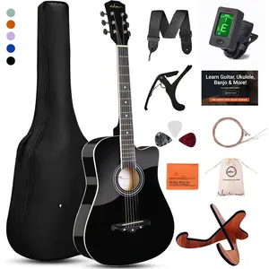 38" Inch Acoustic Guitar Bundle for Beginners Adults with Online Lesson, Cutaway  Acustica Guitarra Starter Set Package with Gig Bag, Strap, Steel Strings, Picks, Capos, Stand, Black