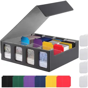 Card Deck Storage Box for Trading Cards 3000+MTG Deck Box with 12 Colorful Divider Tabs, Card Supporters PU Leather Trading Card Storage with Viewing Windows Fits for Magic Game Cards (Black Gray)