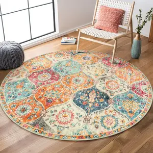 3ft Non-Slip Soft Vintage Ultra-Thin Circle Carpet for Bedroom Entryway Kitchen Laundry Bathroom, Cream/Multi Round Area Rugs