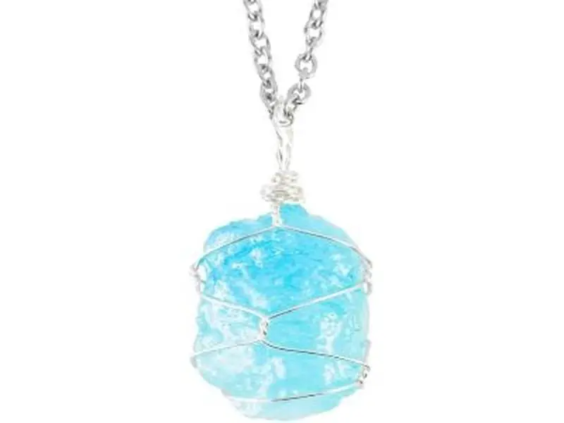 Raw Aquamarine Necklace,Gemstone Crystal Healing Stone Necklace,Birthstone Necklace,Wire Wrap