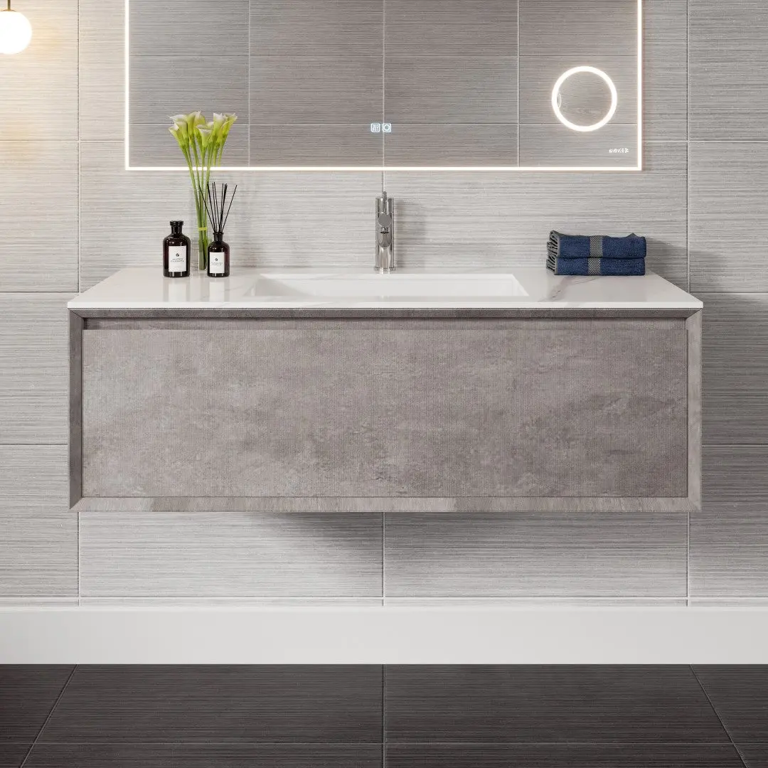 Aurora 40 in. Concrete Gray Wall Mount Single Sink Bath Vanity with Carrara Quartz Top and Undermount Porcelain Sink