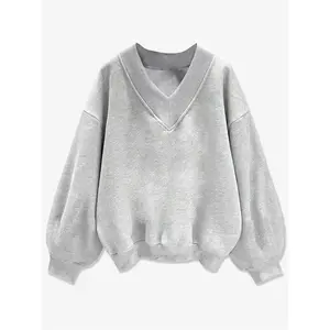 Women's V-neck sweatshirt, drop shoulder style, fashionable and casual essential, solid color V-neck long sleeve, suitable for travel, vacation, street and campus