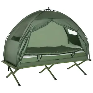 Outsunny Camping Tent Cot, 6-in-1 Folding Tent Cot Combo with Mattress, Pillow, Sleeping Bag, Bed Cover, Roller Carrying Bag, Off Ground Travel Camp Cot for Hiking, Backpacking, Picnic