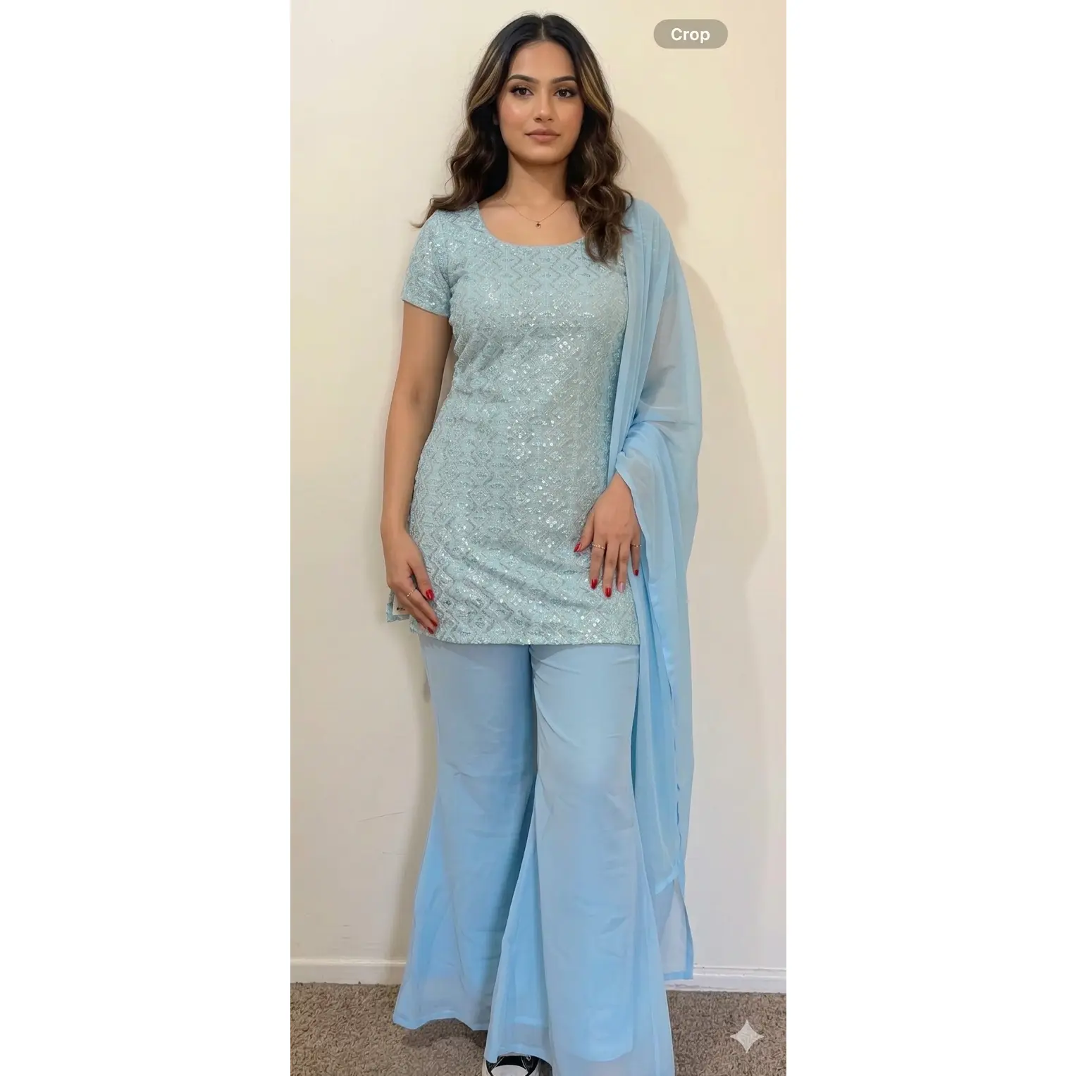 Elegant Georgette Sequin Embroidered Plazo Set – Trendy 90’s Style