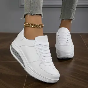 Women's Non-Slip Platform Sneakers - Thick Cushioned Sole for Height Increase, Arch Support & Non-Slip Grip - Mid-Top Lace-Up Shoes with Cushioned Insole - All-Season Running, Travel, Everyday Shoes - White Athletic Footwear, Ladies Sneakers, Height Incre