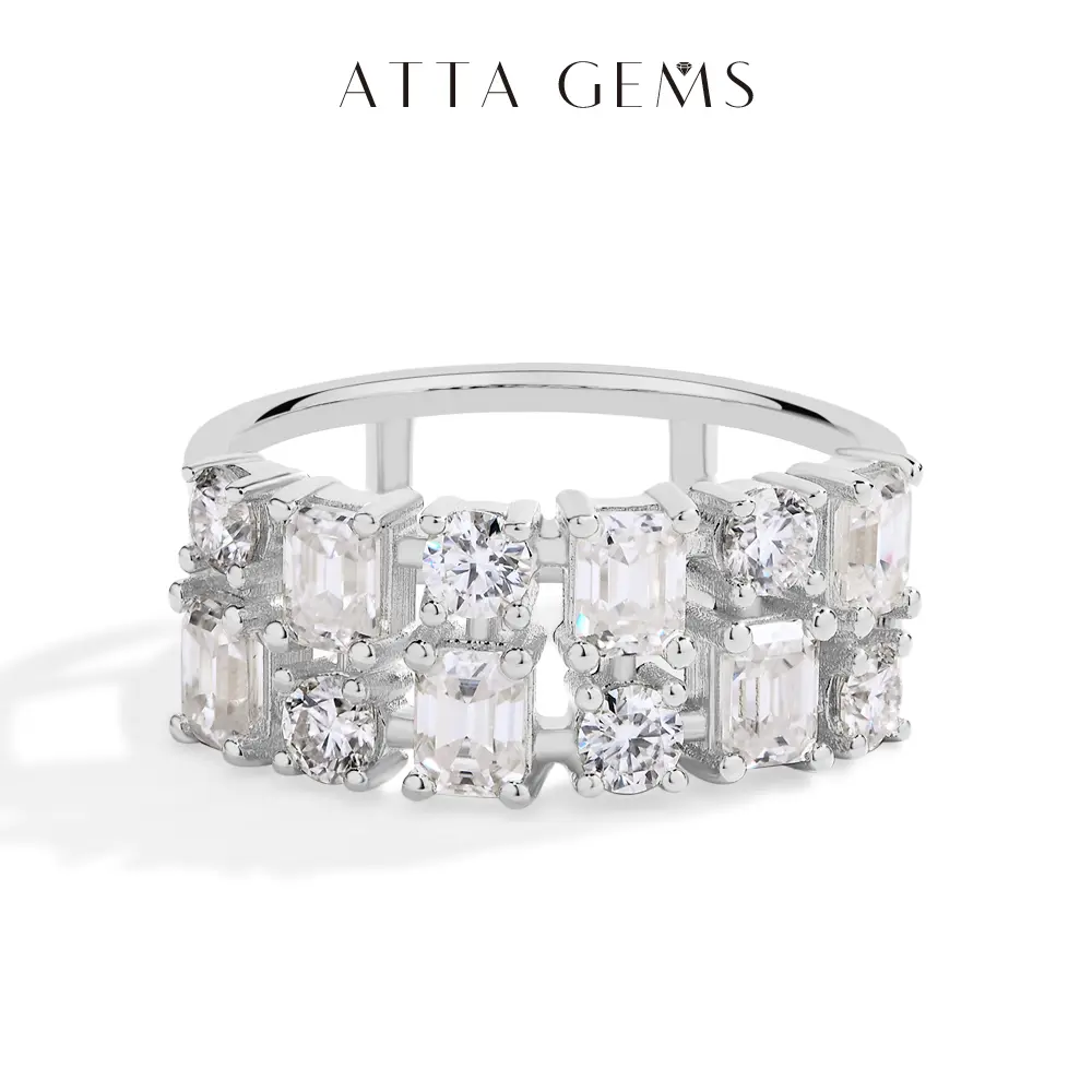 Elegant Double Row Synthetic Moissanite Ring for Women, Luxury Look Band for Anniversaries or Birthdays, Model R164