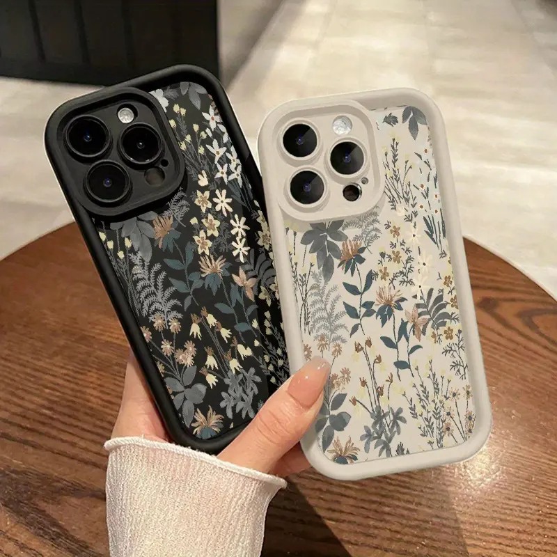 Vintage Floral Silicone Phone Case for iPhone 16/15/14 Pro Max/13/12/11/XR/XS Plus - Shockproof, Anti-Slip Handheld Devices Accessory, Perfect Gift for Women, Black Protective Cover, Accessories