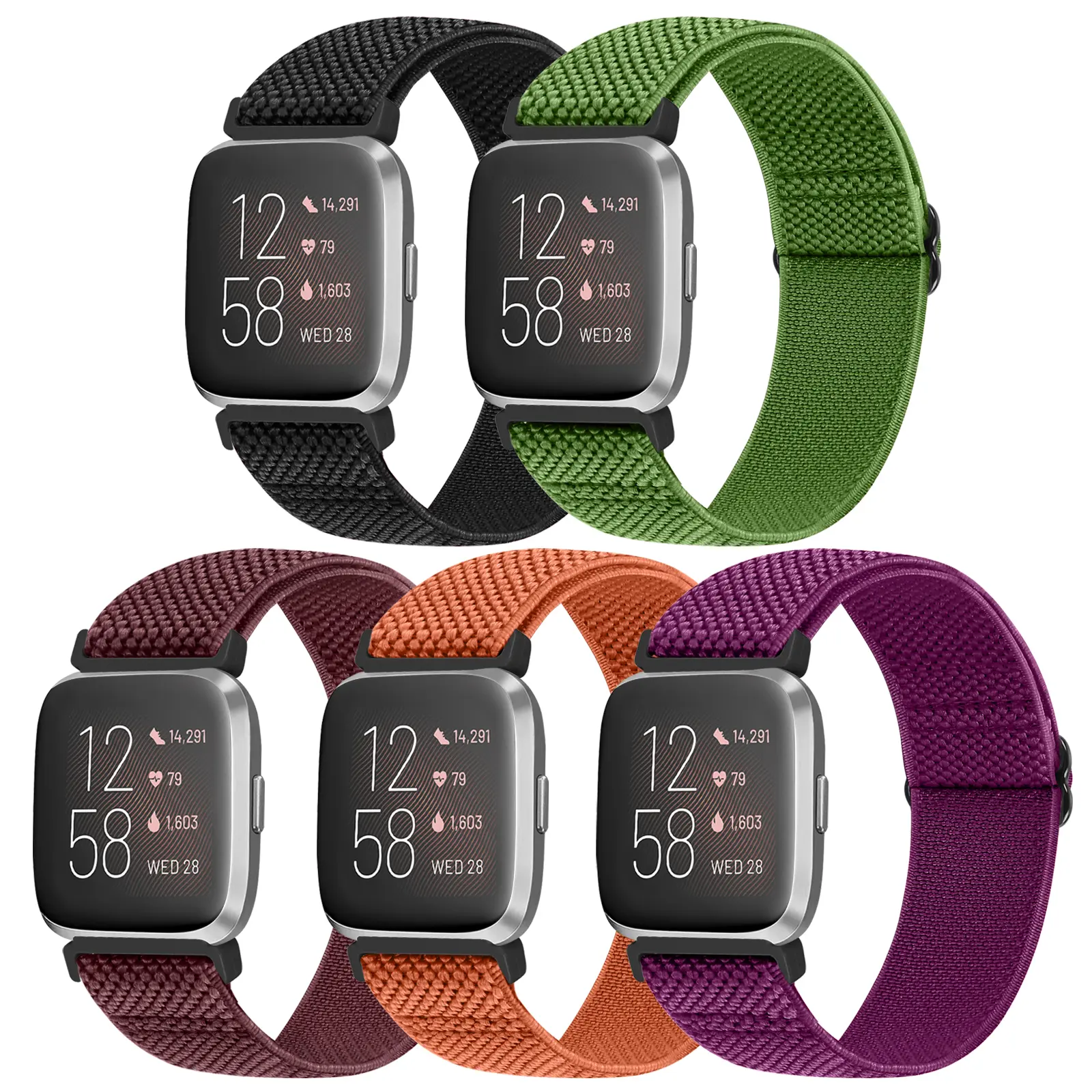 5pack Elastic Bands Compatible with Fitbit Versa 2/Versa , Adjustable Nylon Braided Bands Replacement Solo Loop Sport Straps Wristband for Women Men