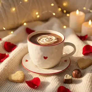 1pc Heart-Shaped Coffee Cup -Ceramic Heart Mug and Saucer Set with Red Trim - Cute Love Coffee & Tea Cups, Red Edged Heart-Shaped Ceramic Tea/Coffee Mugs, Christmas & Valentine's Day Gift for & (Reusable)