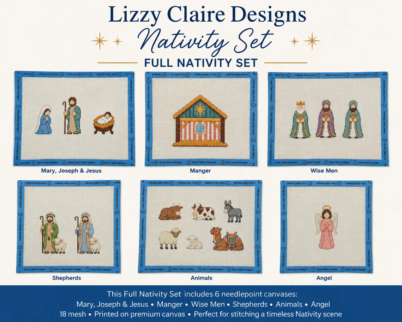 Christmas Nativity Set - Full Set - 18 mesh - 6 Needlepoint Canvases