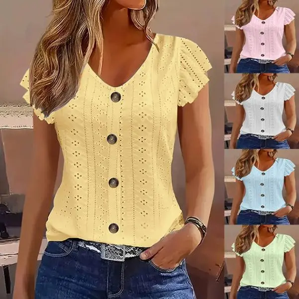 Women's Summer Eyelet Lace Top Casual Short Sleeve V Neck Button Down Blouse for Vacation, Beach, Work & Everyday Wear