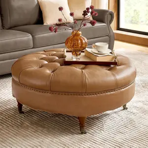 40" Genuine Leather Coffee Table, Large Round Button Tufted Coffee Table with Rolling Wheels, Solid Wood Legs, Nailhead Trim, Upholstered Ottoman Seating for Living Room, Camel