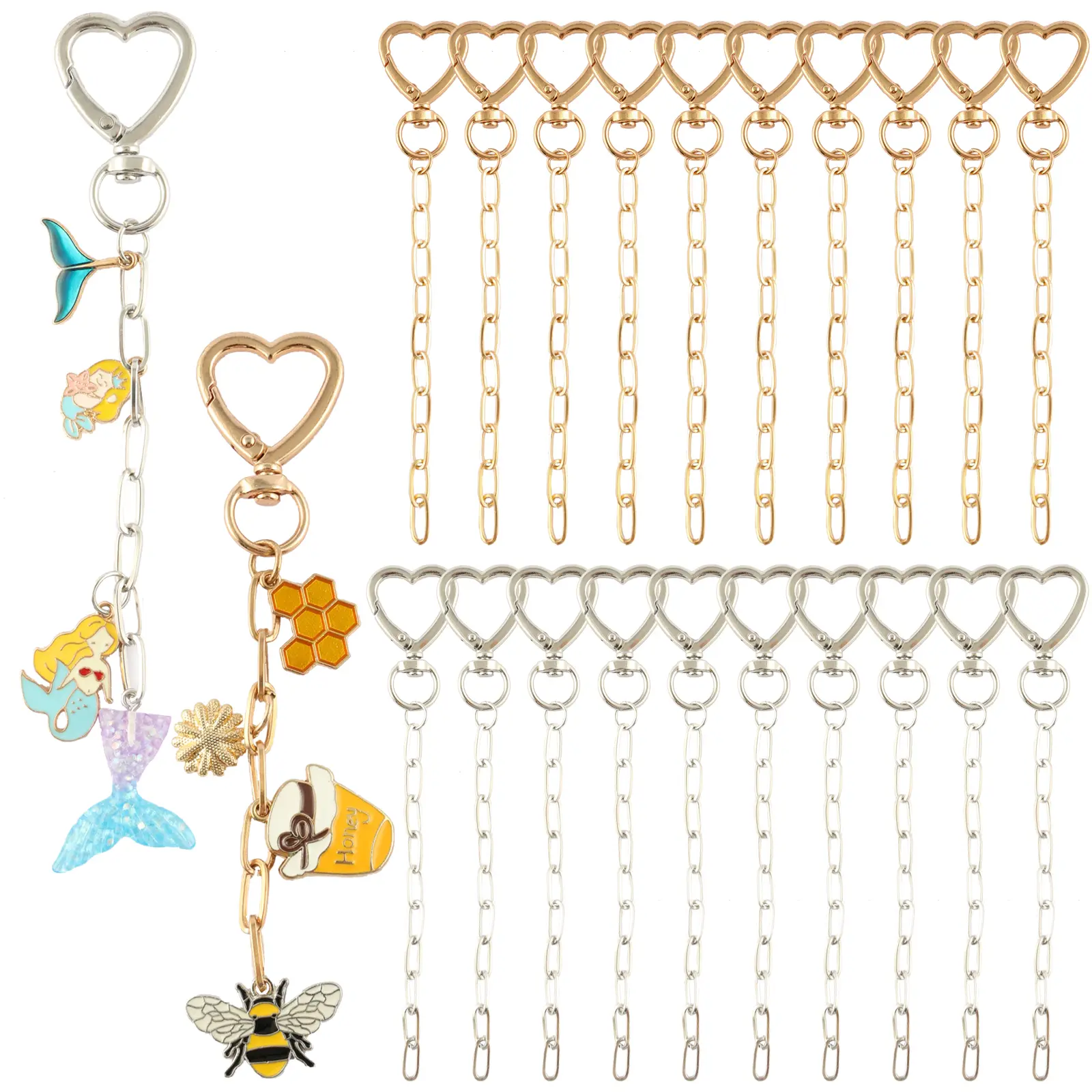 30 pieces - Creative keychain decorative accessories. Includes heart-shaped lobster-shaped keychain with extended chain, opening ring. Suitable for DIY craft making of backpack keychains.