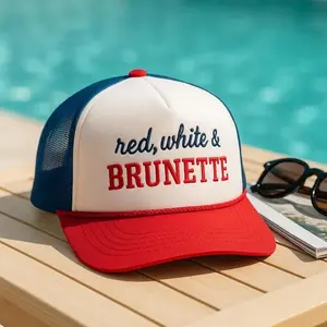 Red White And Brunette Embroidered Foam Trucker Hat | USA Patriotic Cap for July 4th, Independence Day, Funny American Hat for Men & Women graduation gift Memorial Day