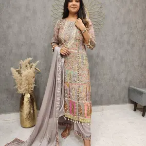 L-1004 elegant pastel embroidered grey suit