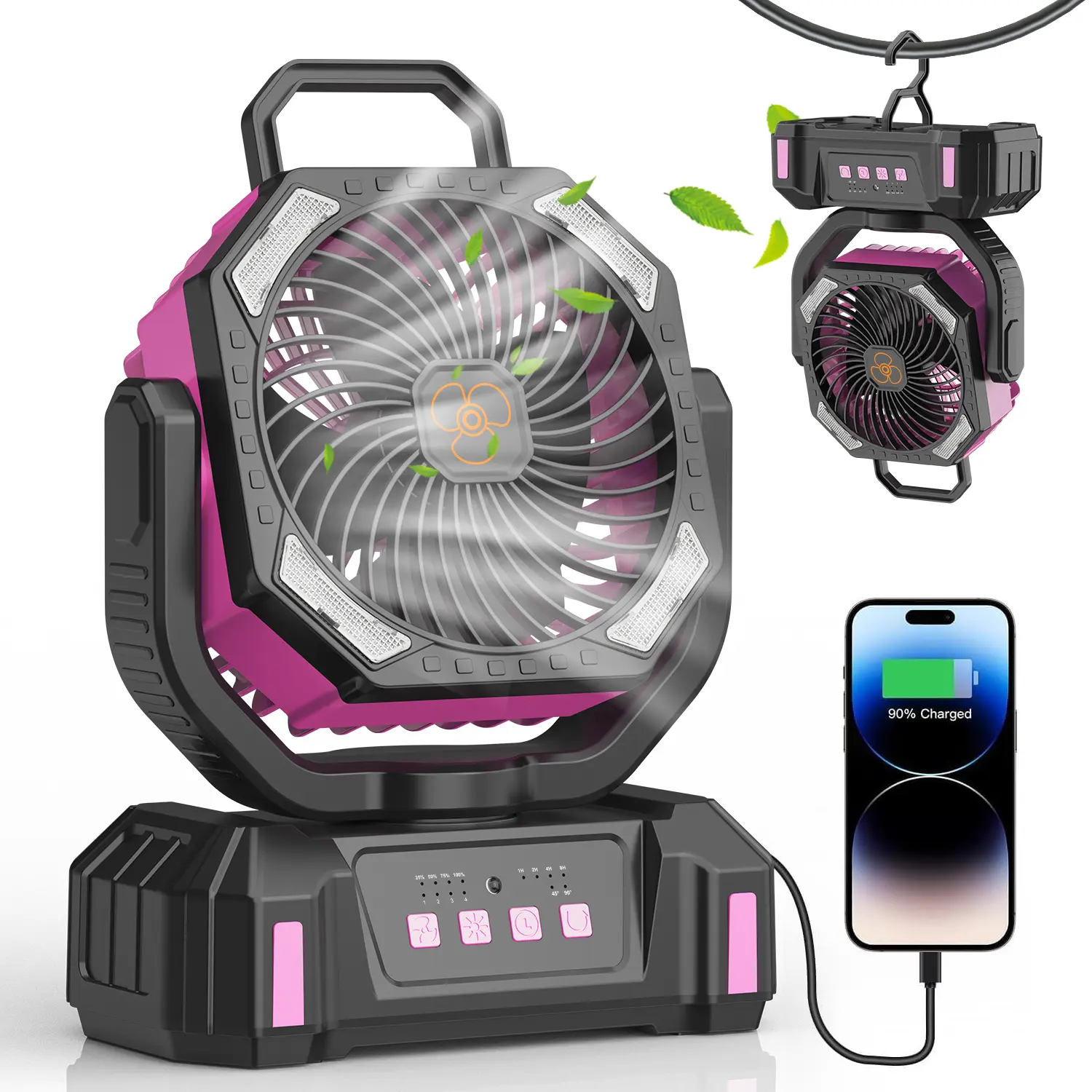 Portable Camping Fans, [Max 59H Runtime] Pink Outdoor Cooling Fan for Patios,20000 MAh Inch Battery Operated Rechargeable Fans, Water Spray Fan with LED Light for Pets/Travel Beach Camping Essential