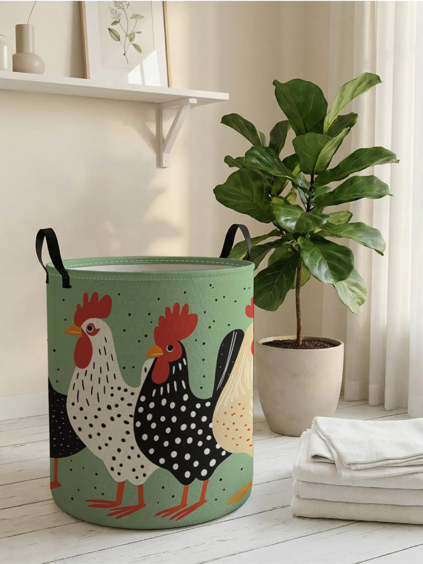 1 piece of colorful rooster pattern 2D printed open storage box, Decorative Storage Tote Basket with handles, double handle reinforcement + foldable storage | dirty laundry storage/toy organization/home decoration all-in-one