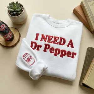 I Need A Dr Pepper Embroidered Glitter Sweatshirt, Funny Soda Lover Shirt, Retro Drink Aesthetic Crewneck, Cute Soda Fan Gift