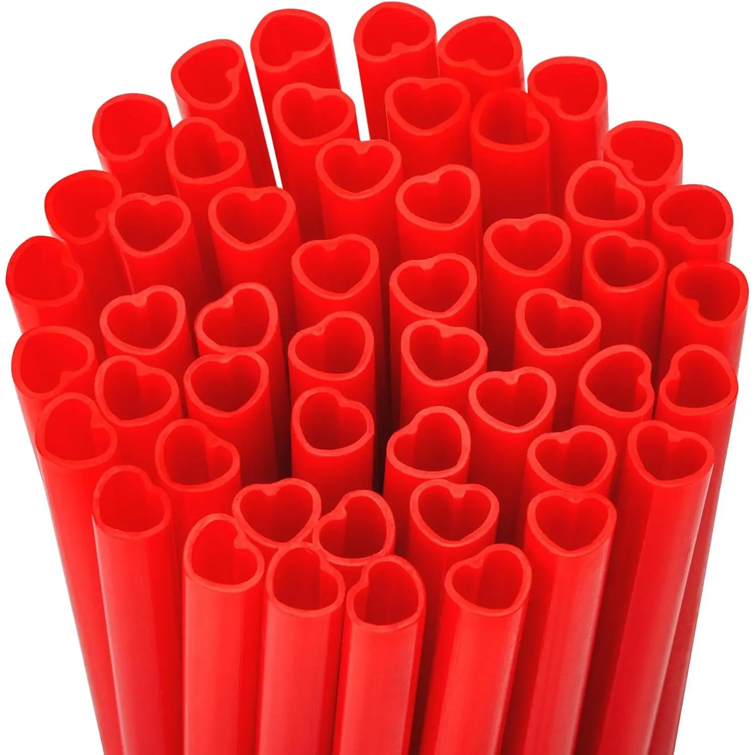Red Heart Disposable Plastic Drinking Straws (50 Count) - Stainless Steel Cover, Stackable Bar Utensils for Valentine’s Day, Wedding Supplies