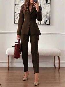 Two-piece set: elegant everyday business commuter outfit, simple basic waist-cinching long-sleeve fitted blazer + cuffed 7/8 length trousers