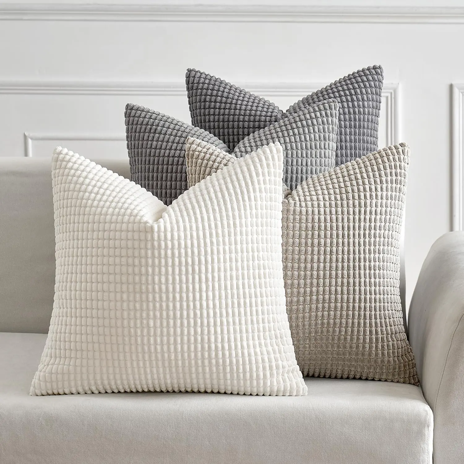 Boho Design Corduroy Texture Cushion Covers - 18x18 in Polyester Set of 4 Grey, Hidden Zipper, Living Room Decor for Sofa, Bed (Sports & Outdoor Accessories Compatibility), 18 X 18 (Pack Of 4), Boho Print, Home Décor, Elegant Boho Design
