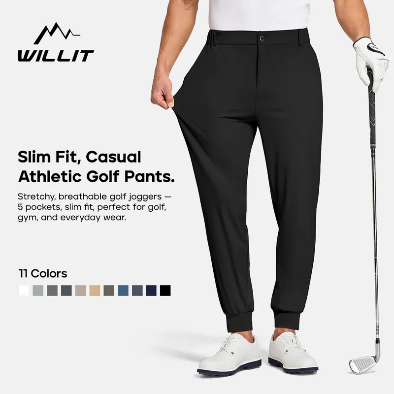 Willit Men's Stretch Slim Fit Stretchable Jogger Pants - Quick Dry, Button-Accented, Lightweight Gym Workout Apparel with Functional Pockets, Ankle Banded, Easy Care, Full Range of Motion, All Seasons Daily Wear