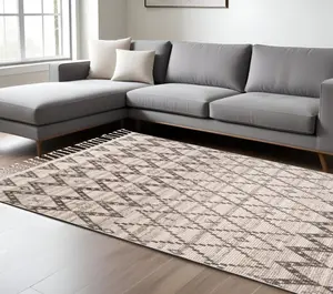 HomeRoots 9x13 ft. Wool Geometric Hand-Knotted Taupe & Ivory Rectangle Decorative Rug (Model 565754) for Equestrian Outdoor Leisure Spaces