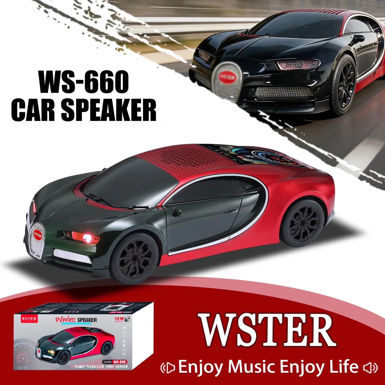 WSTER WS-660 Supercar Bluetooth Speaker with LED Lights, 3.7V Portable Wireless Speaker (50Hz-20kHz, ABS, Built-in Batteries Cells, TWS, FM, USB/TF Playback, Built-in Mic, Bass Boost, Aux Input) for Men's Birthday Gifts