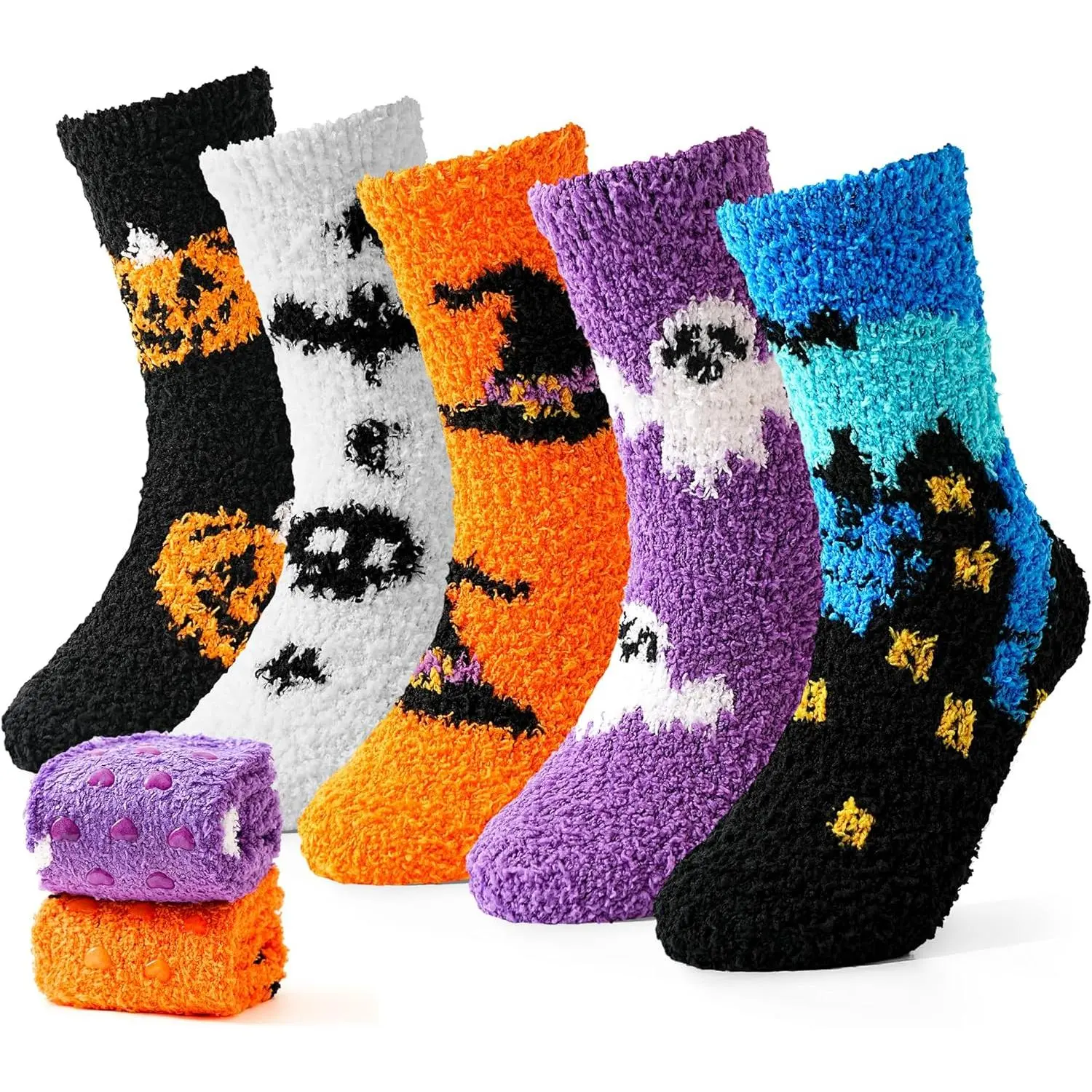 5-Pair Kids' Halloween Fuzzy Ankle Socks, Cozy Graphic Polyester with Non-Slip Grips, Boo Basket Gift for Brothers & Sister, Fuzzy Socks, Niece, Elastic Bands, Sons, Daughters, Soft Plush, Festive Look, All Season, 4-18 Yrs, 5 - 6 Years