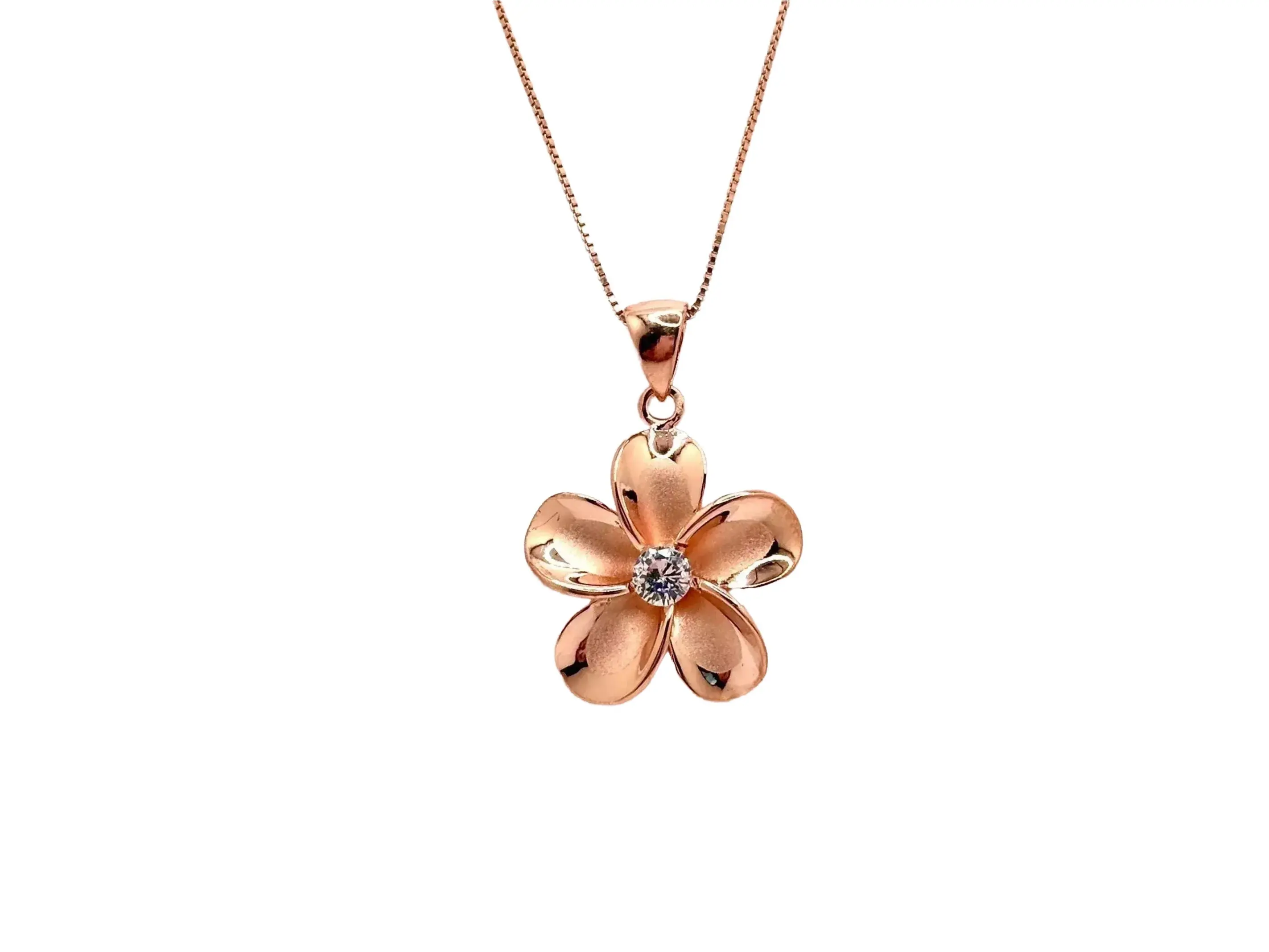 Plumeria Flower Necklace – Rose Gold Necklace with Sparkly Cubic Zirconia Pendant
