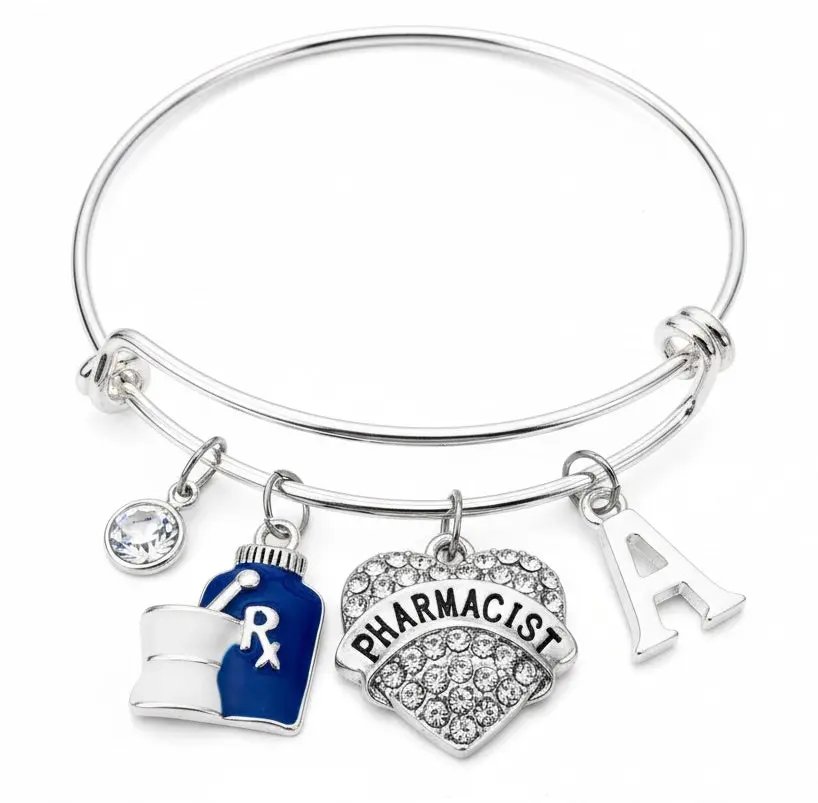 Pharmacist Charm Bracelet | Crystal Heart Rx Bangle with Birthstone & Initial | Personalized Pharmacist Gift
