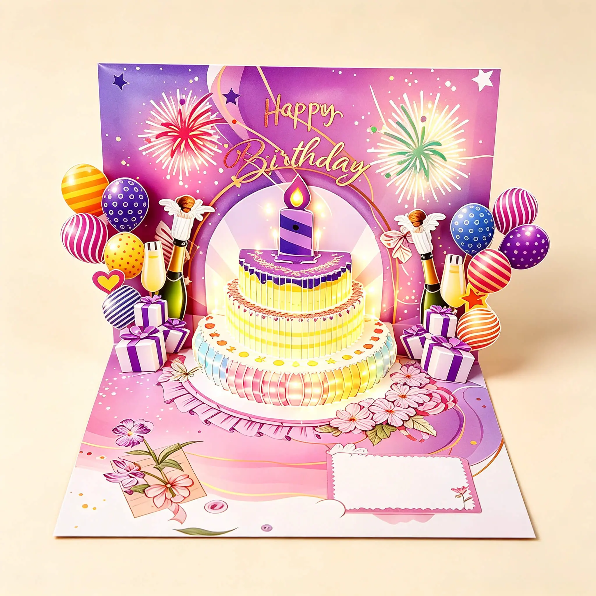 1pc Handmade Quality 3D Pop-Up Birthday Card - Laser-Cut Paper Cake Sculpture That Opens Into a Star, Personal Message Space, Visual Audio Option, Creative Gift for Dad & Family, Office Stationery Greeting Card
