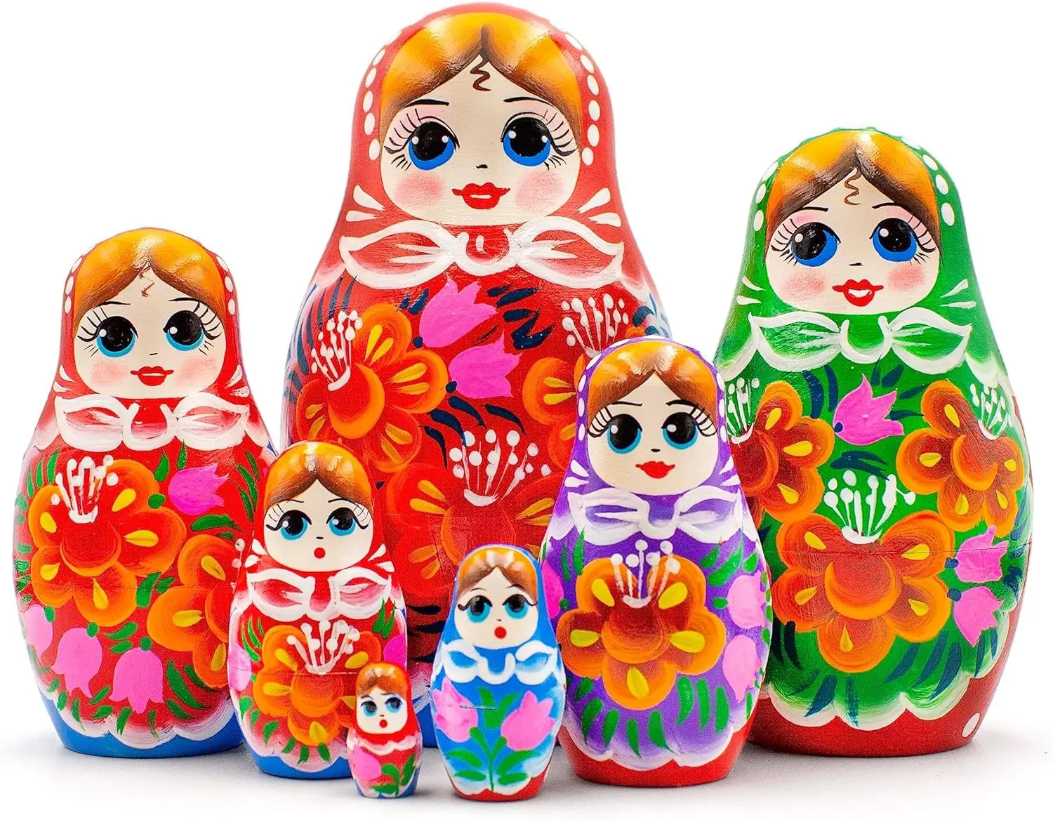 Nesting Dolls Set of 7 pcs - Classic Russian Matryoshka Dolls in Sarafan Dress with Bouquet of Bellflowers and Lilies, Flower Decorated Handmade Nesting Dolls for Home Decor Collection Gift