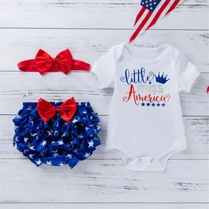 Independence Day Baby Girls Outfit, Infant Summer Letter Printing Short Sleeve Round Collar Romper + Star Shorts + Bow Headwear