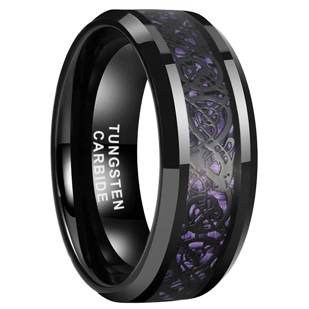 Yonifu 8MM Black Dragon Purple Carbon Fiber Ring: Viral Dark Royal Wedding/Engagement Band For Him