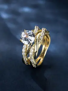 Fashion Women Jewelry, Women’s Yellow Gold Tone Cross Stone Engagement Ring – Elegant Twisted Copper Wedding Band for Daily Wear, Sparkling Elegant, Daily Wear, Party, Birthday Gift, Valentine, Christmas, Mother's Day