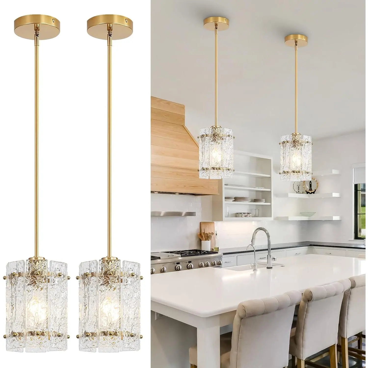 Gold Pendant Lights Kitchen Island, Water Ripple Round Pendant Lights Adjustable Modern Hanging Pendant Light Fixtures for Kitchen Island Dining Room Above Sink Foyer Entryway 2 Pack