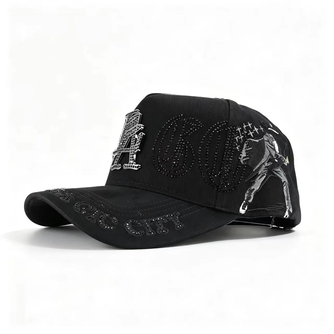 Unisex Adjustable Black Baseball Cap - Bling Rhinestone Metal Letter Decor, Curved Brim, Grunge Y2K Alt Street Trucker Hat