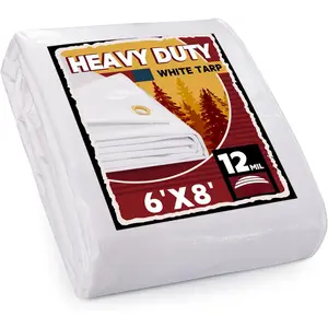 Heavy Duty White Tarps 6' X 8',12 Mil Extra Thick,Durable,Waterproof, UV Resistant, Weatherproof Poly Canopy Tarp,Camping,Carport, (Finished Size)