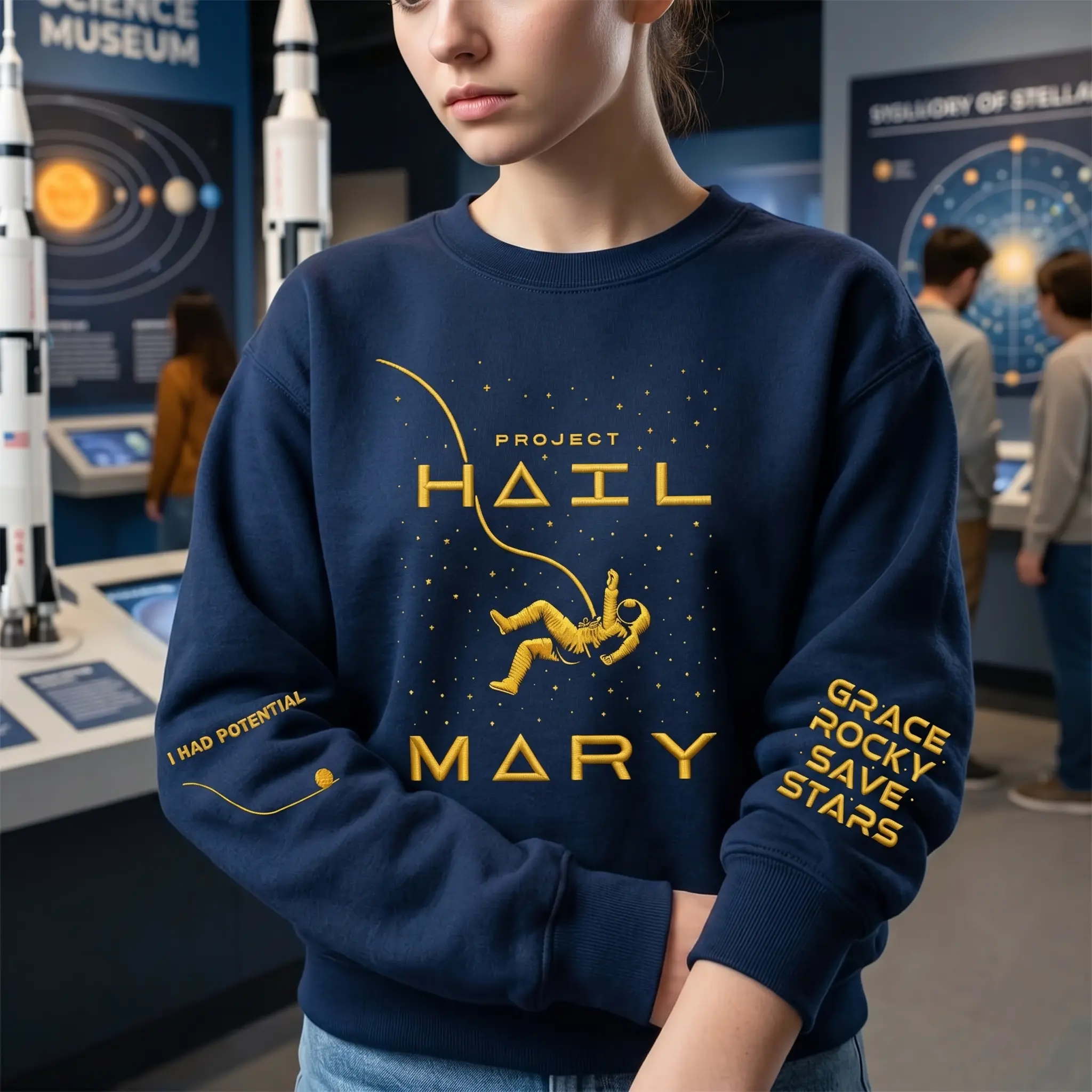 Women's Embroidered Project Hail Mary Hoodie - Sci-Fi Embroidery Fabric Sweatshirt, Bookish Lovers Gift, Astronaut Top with Matching Joggers Casual Piece