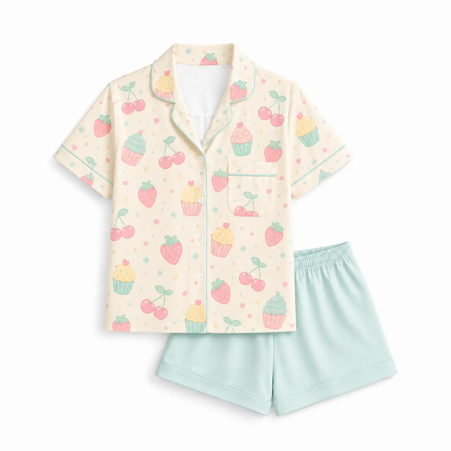 Black Fruit Print Pajama Set, Short-Sleeve Button-Up Sleepwear with Soft Pastel Shorts, Cute Summer Loungewear Outfit
