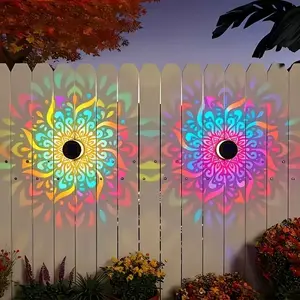 2-Pack Solar Mandala Projector Wall Lights, Waterproof Metal Fence Light, Outdoor Decor for Garden, Patio, Backyard, Courtyard, Deck Lighting