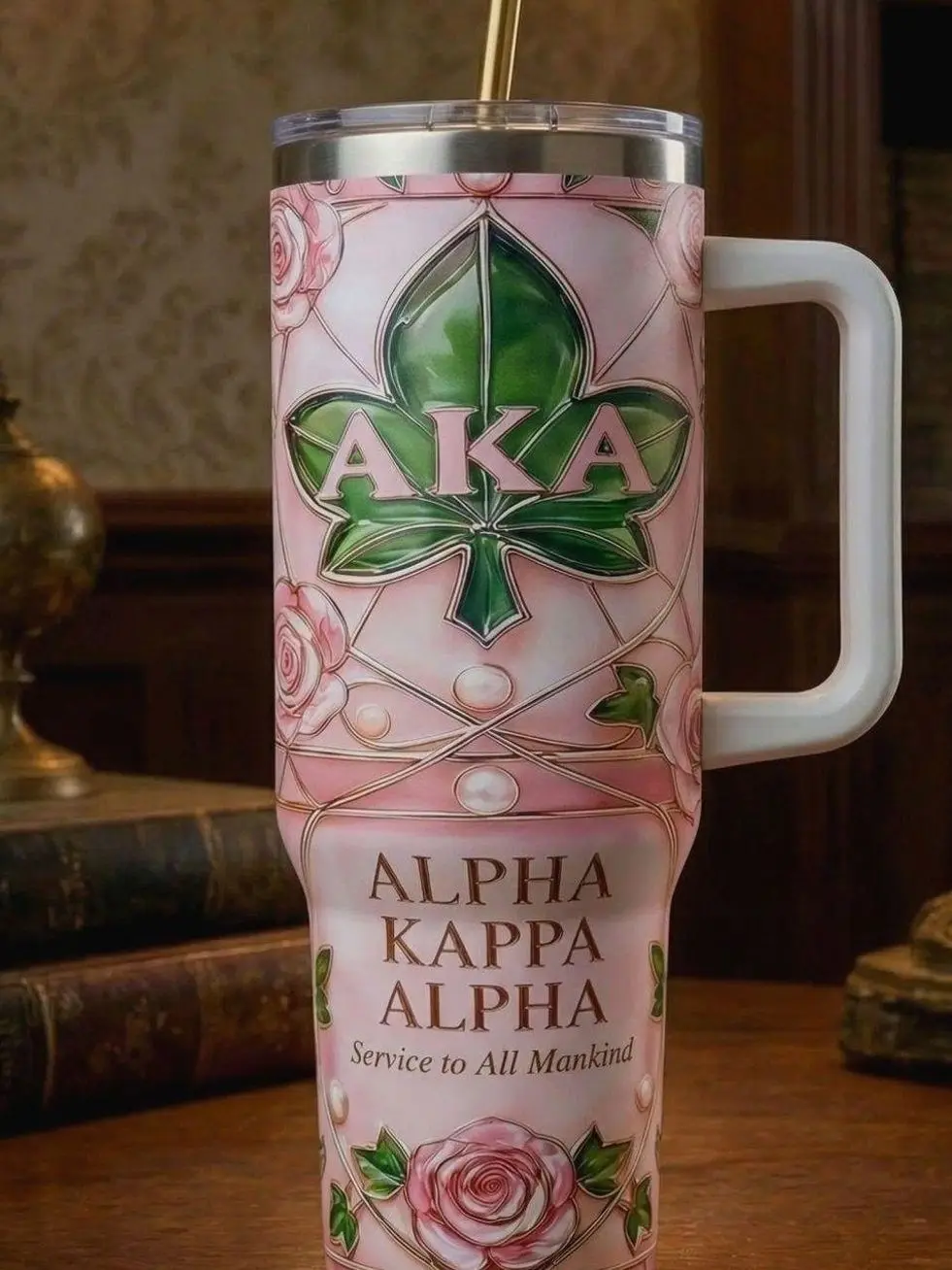 Alpha Kappa Alpha Tumbler with Handle – AKA Sorority Luxury Mug, Pink & Green Stainless Steel Cup, Perfect AKA Gift