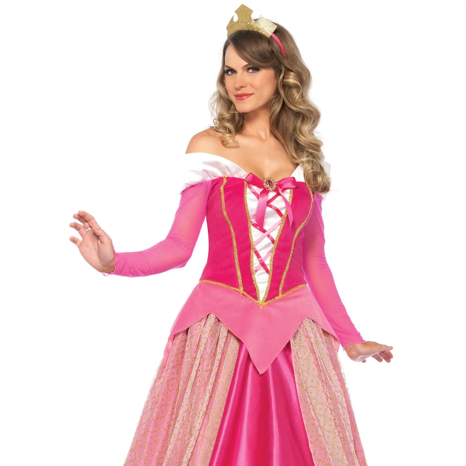 Women's Fitted Velvet Princess Sleeping Costume - Halloween Party Outfit with Ball Hoop, Golden Satin Straps, Satin Sleeves & Matching Accessories, Gorgeous, Skirt, Velvet Mesh, Dress, Halloween Costume, Long Sleeve, Crown, Cosplay Gear, Do Not Bleach, Ha