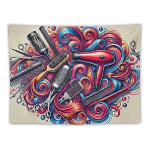 Artistic Hair Tool Tapestry Hair Dryers Combs and Scissors Intertwined with Red Blue and Purple Swirling Lines Light - colored Background Full and Fashionable Composition