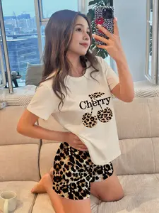 Girls' Leopard Print Cherry Pattern Two-Piece Set, Breathable Comfortable Fabric, Casual Fitted Style, All Seasons Wear